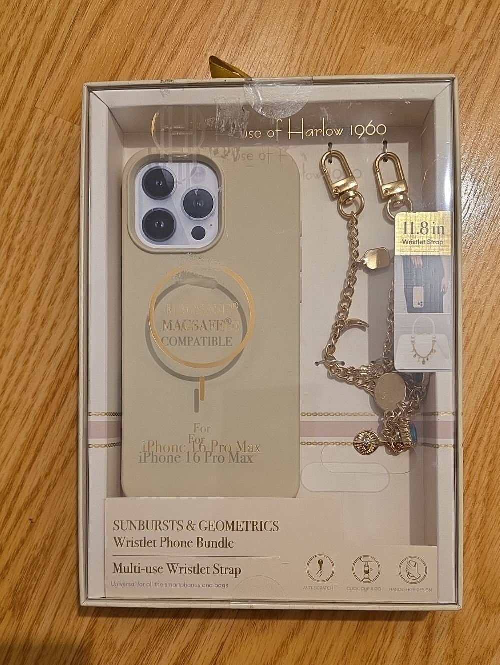 House of Harlow 1960 Beige iPhone 16 Pro Max Case with Gold Wristlet Chain